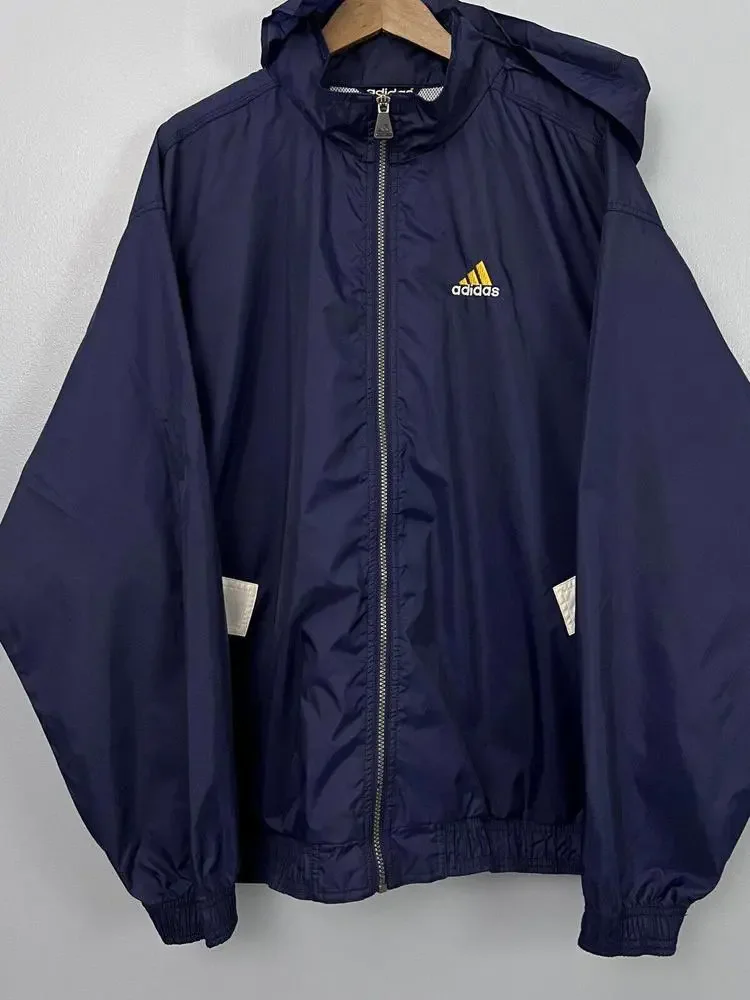 Vintage Adidas Windbreaker Jacket Navy Blue Yellow White 90s Full Zip Mens XL